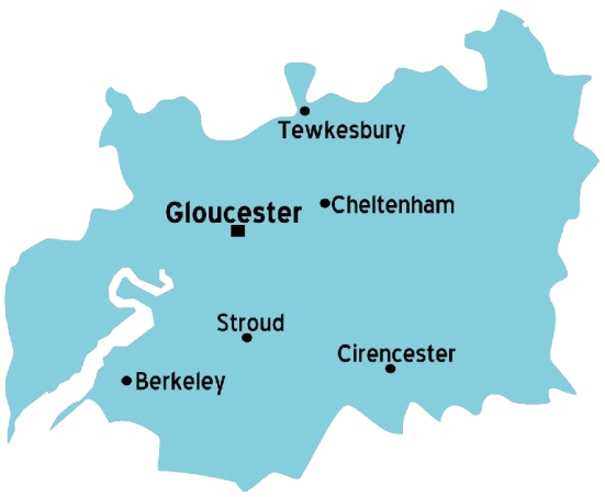 Map of Gloucestershire with key towns