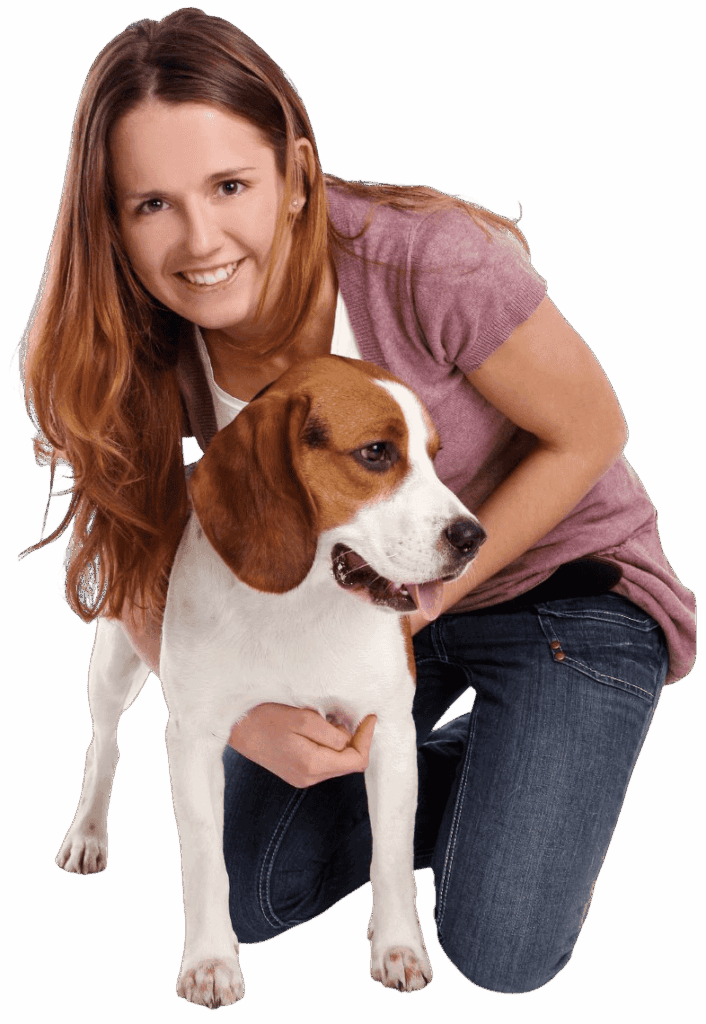 Woman with a beagle dog.