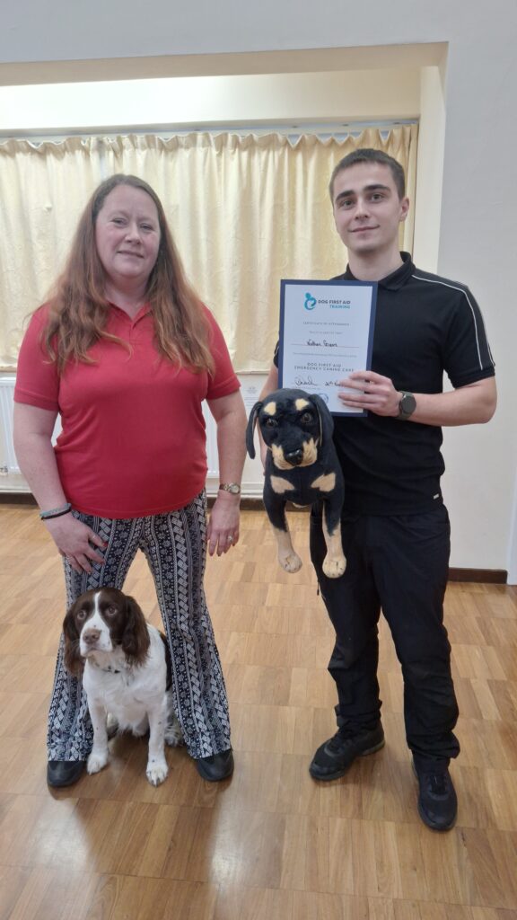 Dog first aid trained dog walker in Cheltenham holding certificate with dogs indoors